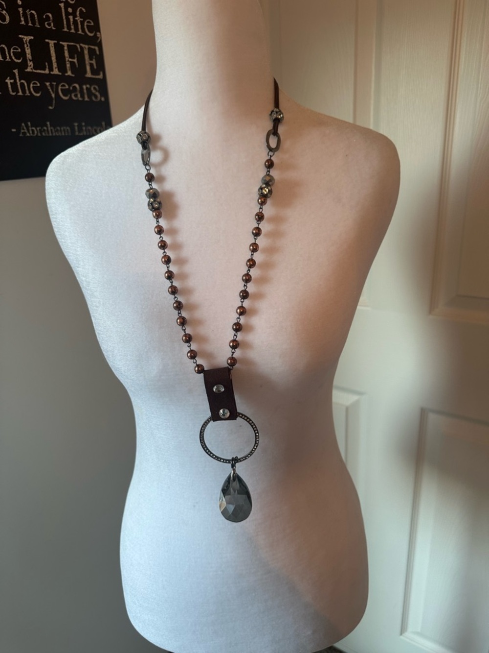 Long Brown Beaded Necklace with Smoky Teardrop Pendant